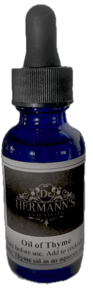 Bottle of Oil of Thyme essential oil in a syrup based suspension.
