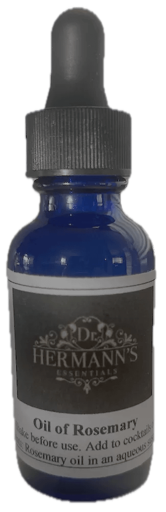 A bottle of oil of rosemary essential oil in a syrup based suspension